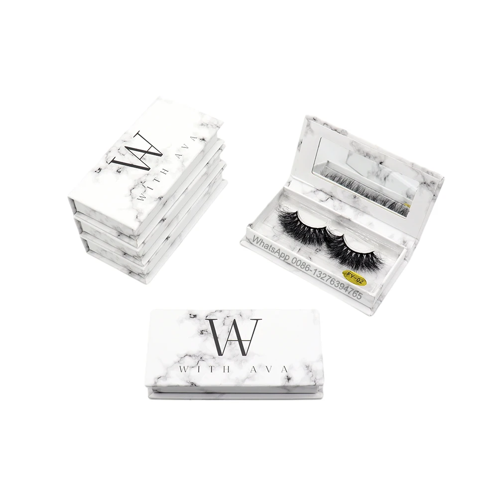 

Private Label White Marble Background Rectangular Eyelash Box With Mirror Wholesale Makeup Eye Lashes Custom Lash Box Nail Case