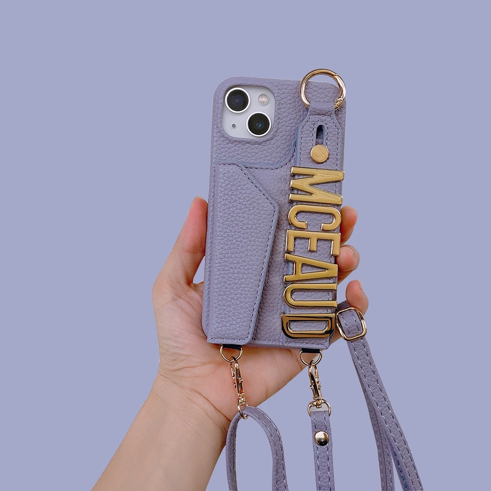 Shoulder Rope With Card Customized Metal Name Letter Personalized Initial Leather Phone Case For Iphone 14 13 12 11 Pro Max