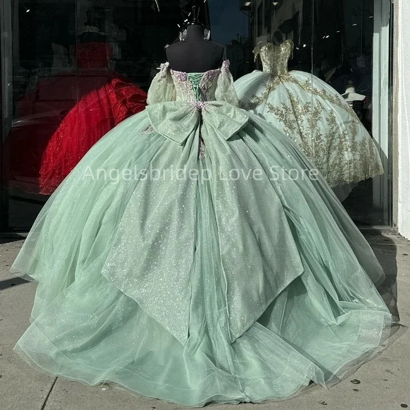 Angelsbridep Sage Green Ball Gown 15 Year Old Quinceanera Dresses Beading Bow Short Sleeves Birthday Party Gown