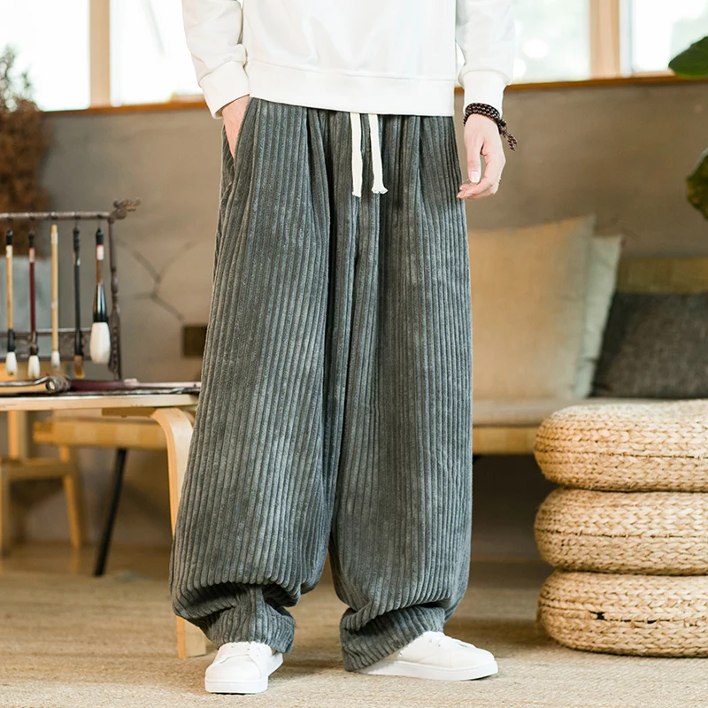 오버 사이즈 바지 전통 캐주얼 가을 와이드 레그 바지 하라주쿠 코듀로이 streetwear 스트레이트 바지 남성 신축성있는 허리 루즈