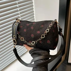Women's Corduroy Underarm Bag with Strawberry Print - Eco - Friendly Half Moon Mini Tote (Black - B - Pillow bag)