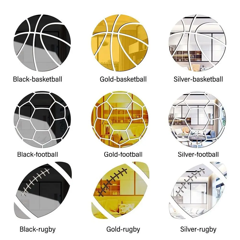 Silver Black Self-adhesive Home Decoration Mirror Wall Sticker Wall Art Waterproof Decal 3D Basketball Football Rugby