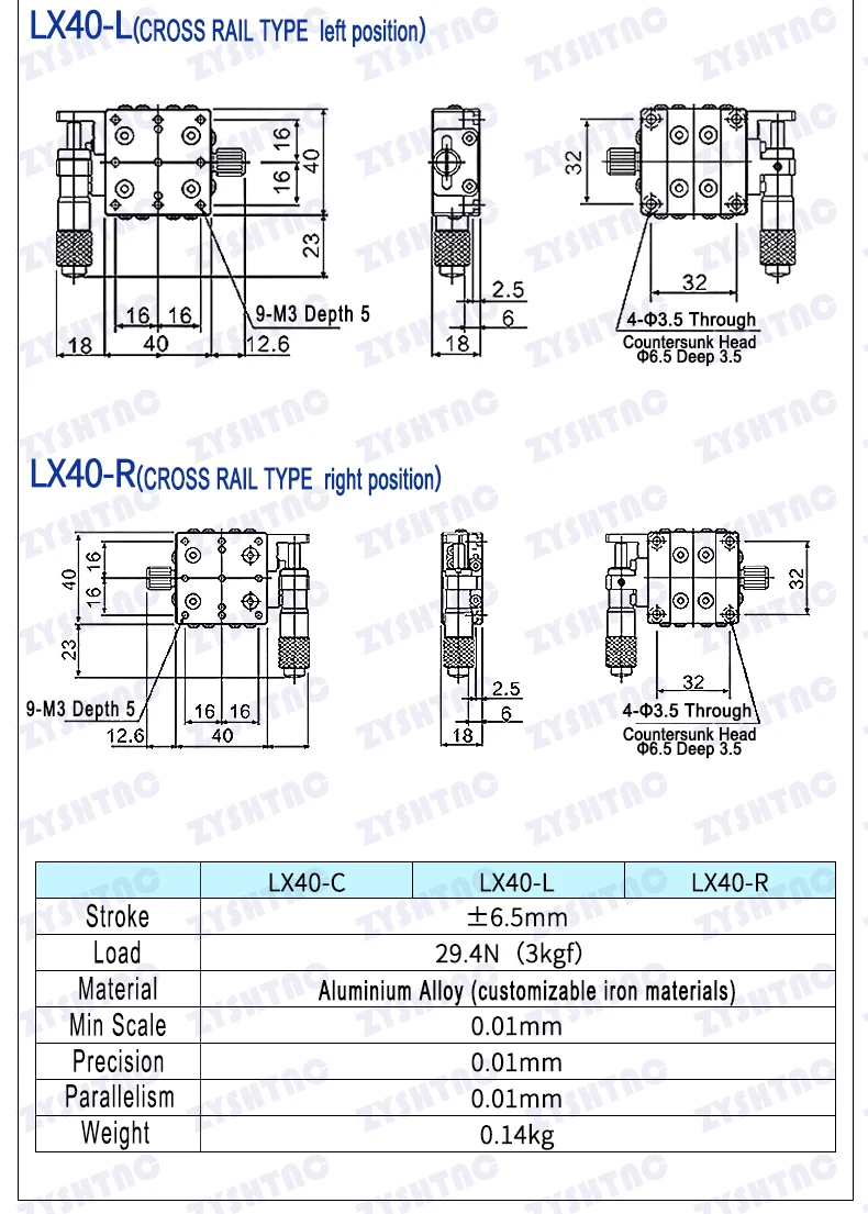 X-Achsen-Plattform mit optischer Verschiebung, Plattform mit hoher Feinabstimmung, Knopf, Mikrometer, Kreuzführungsstufe, LX40/60, LGX40/60, 40 x 40 mm, 60 x 60 m – Detail 7