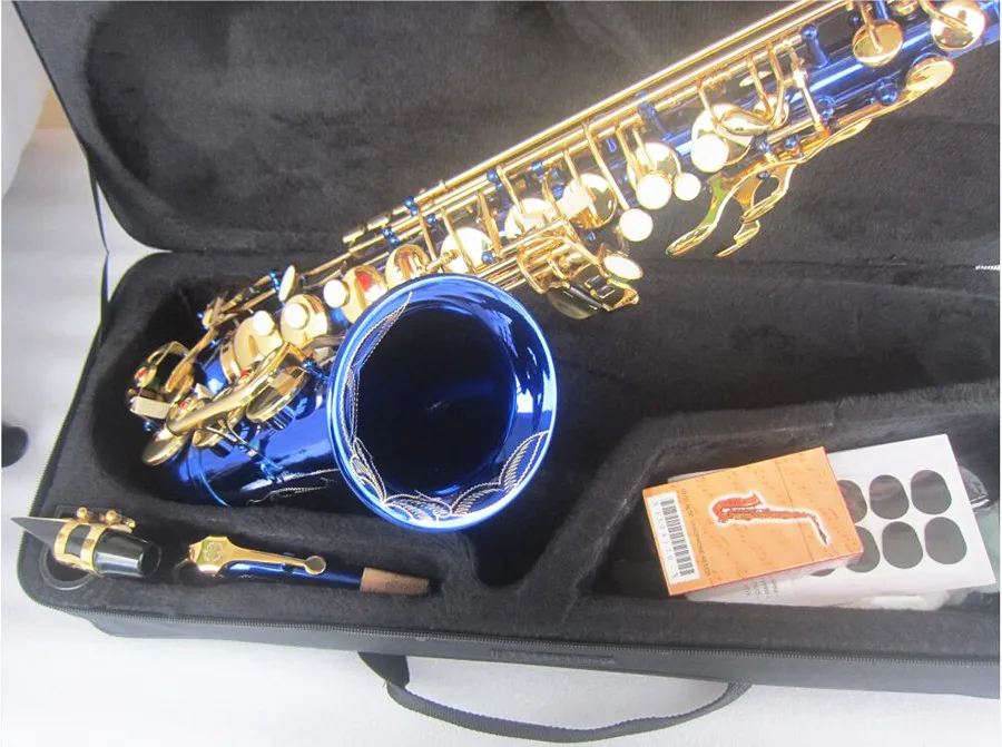 New Alto Saxophone Eb brass Unique Blue gold key Carved Surface E Flat Instrument Sax With Case