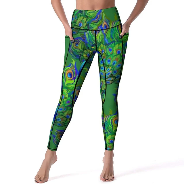 Peacock Feathers Leggings Blue Green Animal Fitness Running Yoga