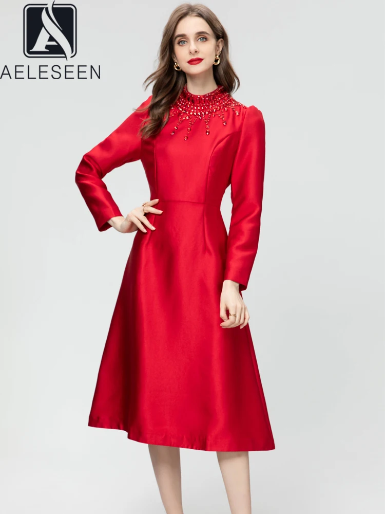 

AELESEEN Runway Fashion Long Dress For Women Spring New Turtleneck Beading Crystal Solid Red Black Elegant Party Holiday