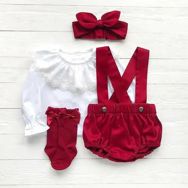

Princess Newborn Baby Girls Red Clothing Set Lace Long Sleeve Tops + Shorts Overall + Headband Christmas Baby Girl Costumes