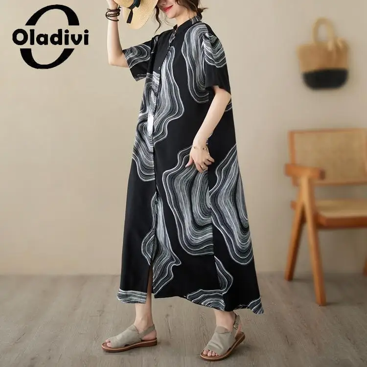

Oladivi Fashion Women Short Sleeve Midi Dress 2023 Summer New Casual Loose Shirt Dresses Vintage Ladies Oversized Clothing 1829
