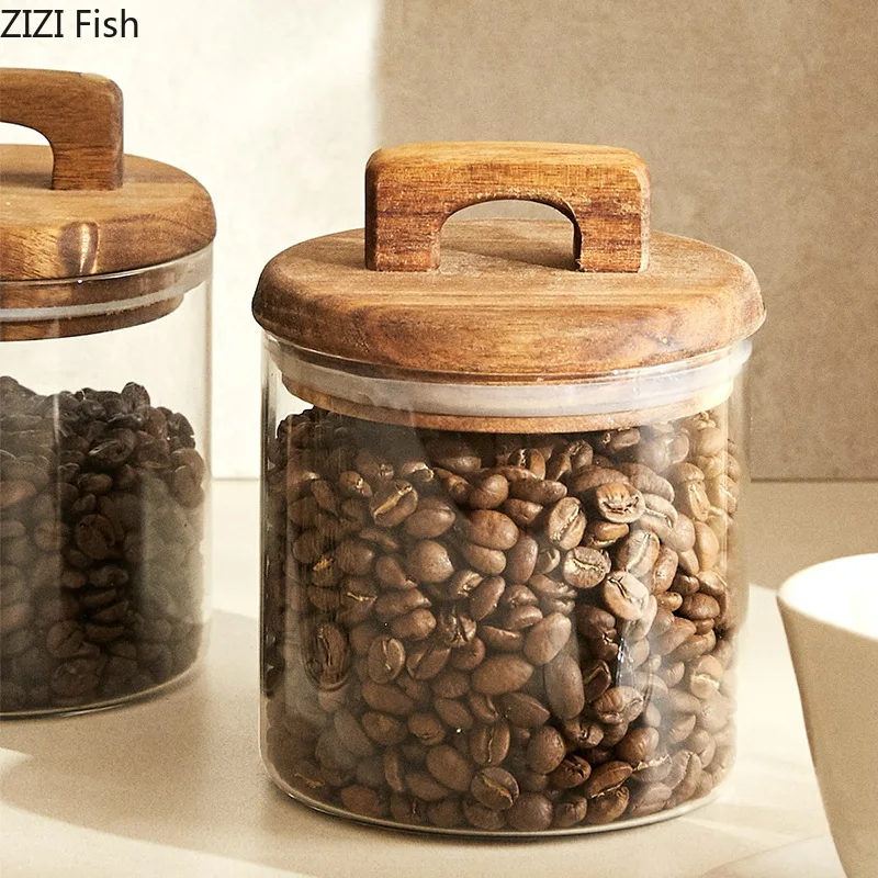 Wooden Lid Glass Storage Jar Creative Modern Household Miscellaneous Grain Storage Jar Kitchen Food Sealed Jar Storage Ornaments 4