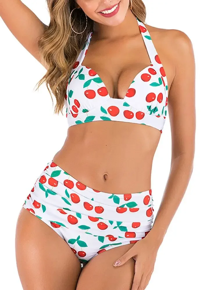 Cherry Print High Waist Bikini 2024 Push Up Swimsuit Women Swimwear Female Halter Bathing Suit Vintage Swimming Suit Biquinis