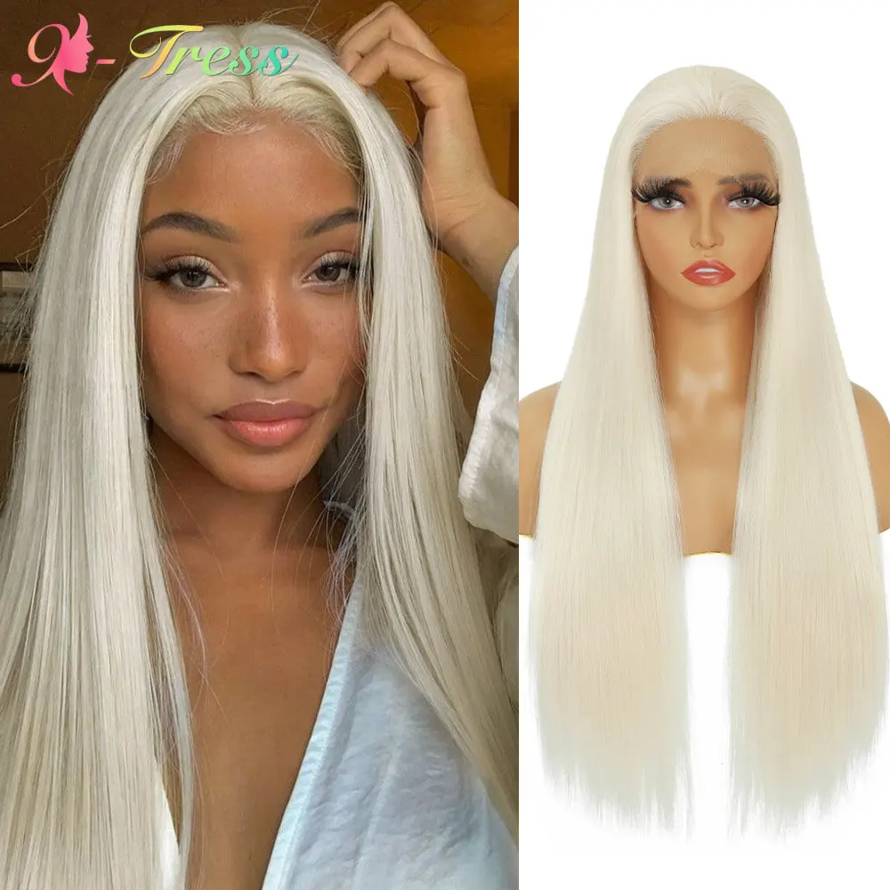 X-TRESS Platinum Blonde Synthetic Lace Front Wigs For Black Women 28 Inch Long Straight Free Part Daily Hair Wig Heat Resistant new 1 4 bjd wigs long curly blonde light brown high temperature fiber tress for minifee 7 8 sd minifee doll diy hair