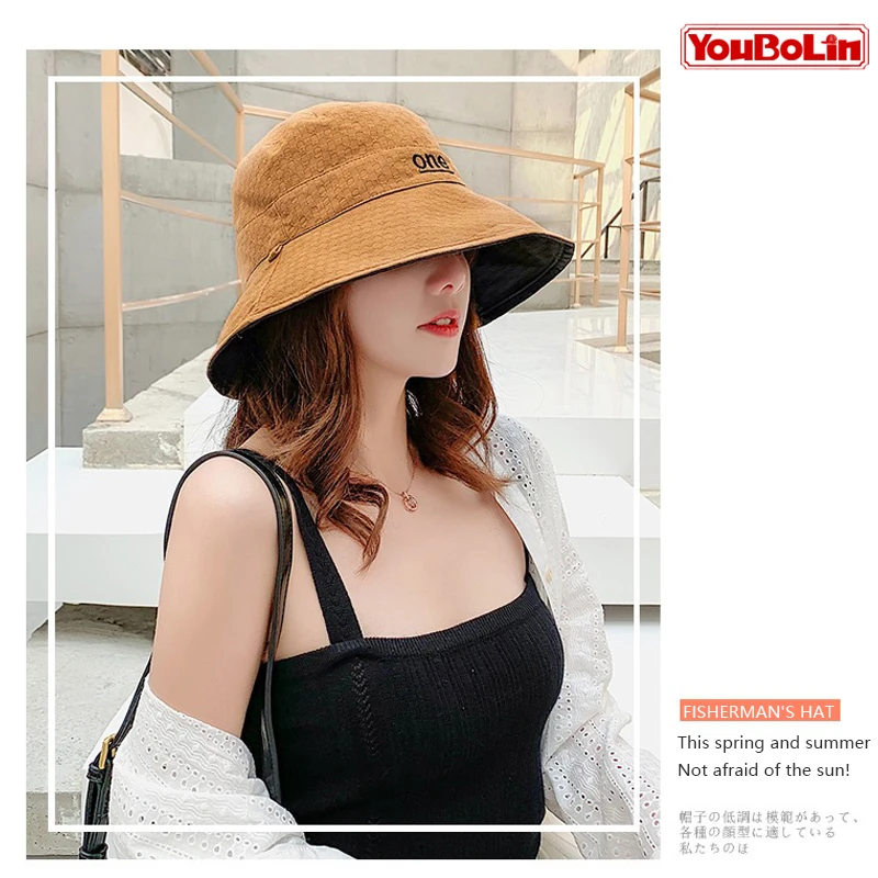 Womens ‘ONE‘ Letter Embroidery Double-Sided Cotton Bucket Hat S08c753f3b1fe4abca98ea2c3e2fb0cd9F