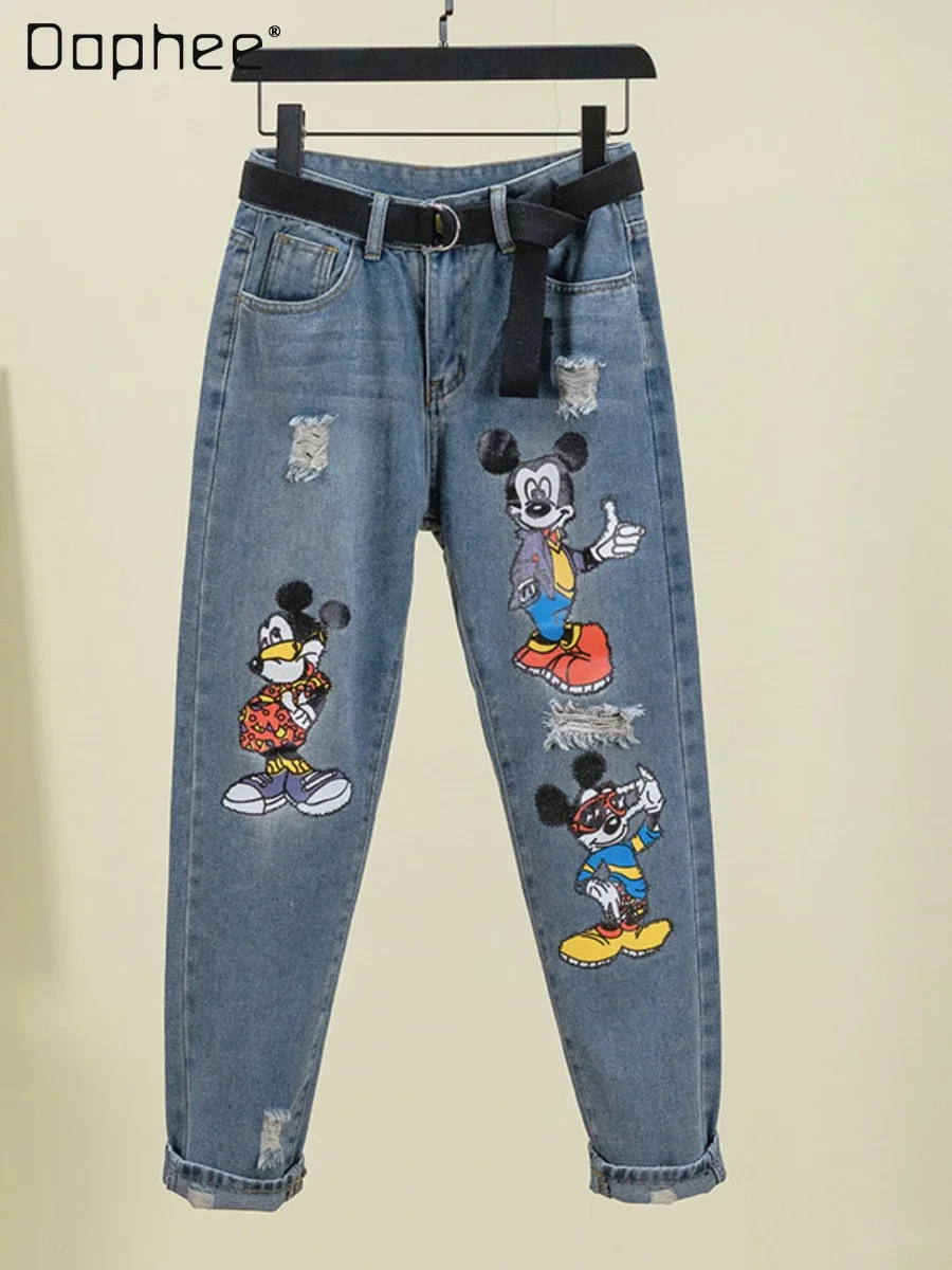 Cartoon Printed Jeans for female 2022 Spring and Autumn New Ripped High Waist Loose Cropped Harem Pants Blue Jeans for Women