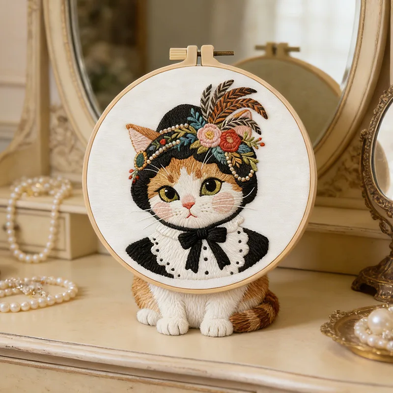 Kit Ricamo Gatto Fai da Te per Principianti - Kit Artigianale per Ricamo e Cucito - Regalo Unico - immagine 6