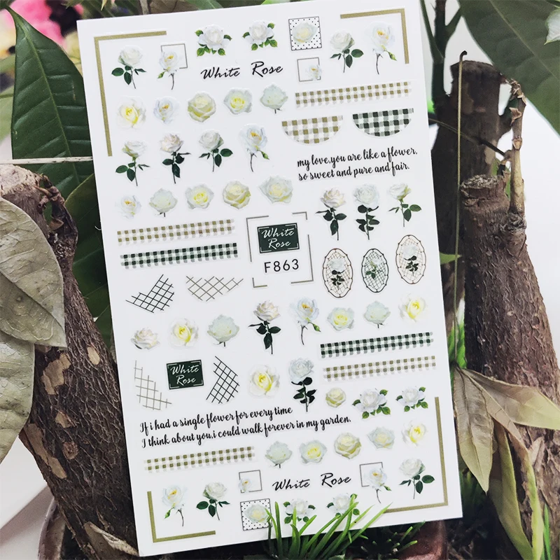 

3D Nail Stickers Spring Peony Flowers Rose Plaid Stripes Geometry Design Manicure Decal Transfer Slider Nail Art Decoration