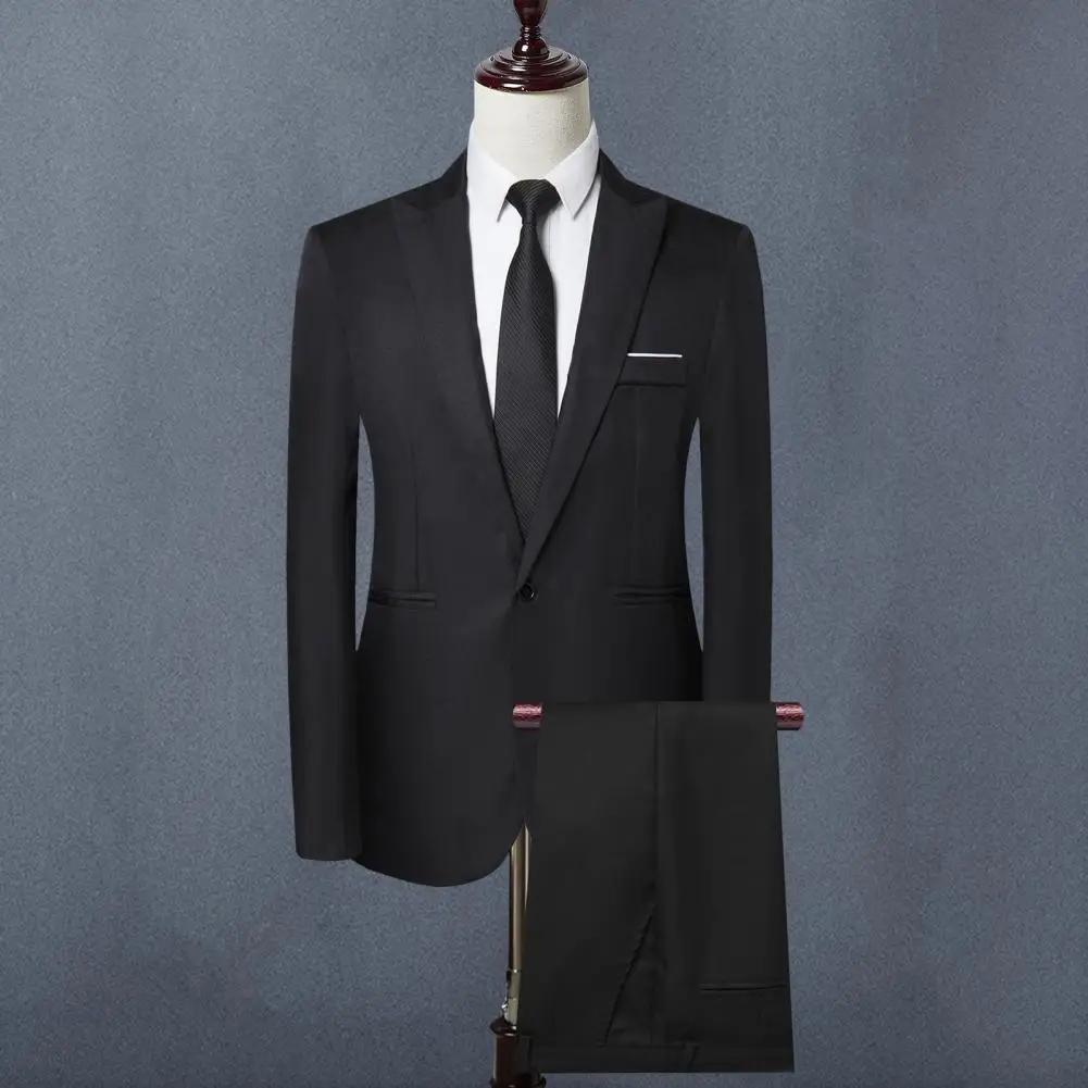 Men business outfit lapel long sleeve single breasted suit coat solid color suit pants set 2Pcs/Set slim fit workwear