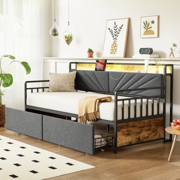 Divano letto in ferro 90*200 cm, con illuminazione a LED e ripiani, con cassetti e prese multifunzione, Letto singolo in ferro, Letto per ragazzi 1