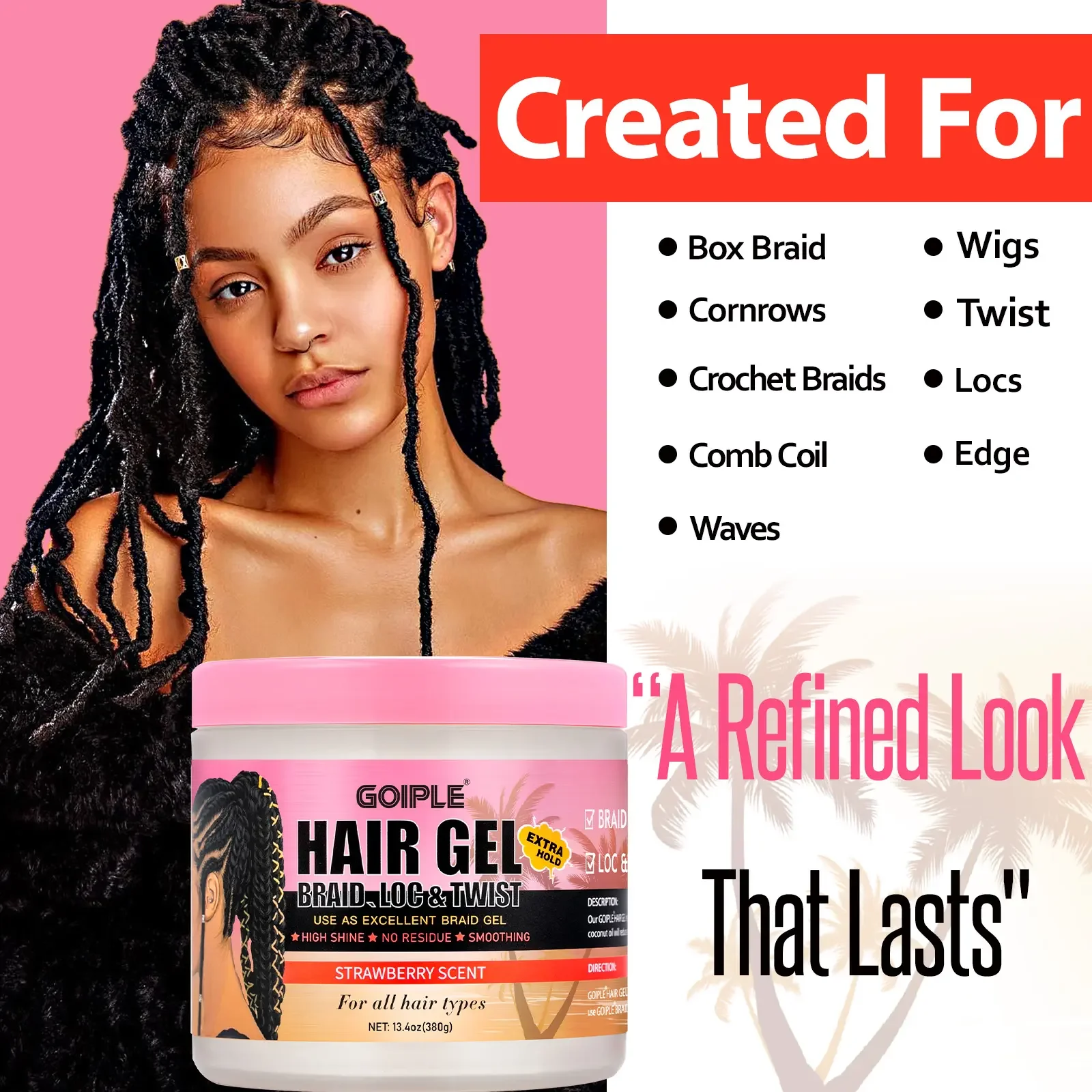 Strawberry Scent Hair Styling Gel High Shine Smooth Braid Twist Strong Hold Long Lasting Non-Flaking 380g