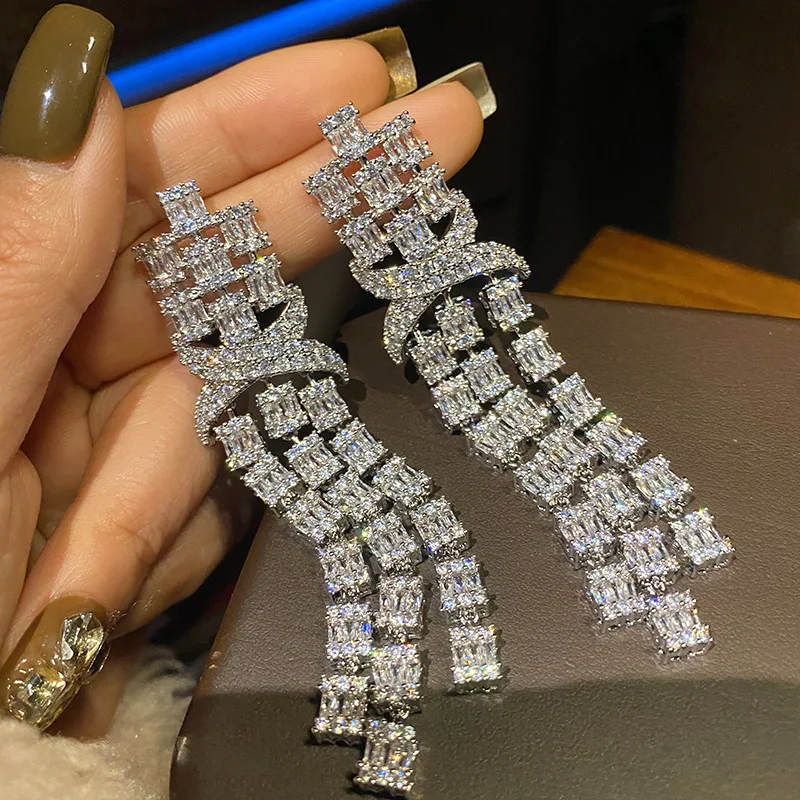 

Vintage square three tassels pendant high-end luxury banquet earrings shiny gorgeous women romance sparkling jewelry