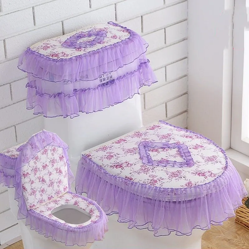 3pcs/Set Four Seasons Universal Toilet Cushion Set Pastoral Lace U-shaped Thickened Zipper Detachable Toilet Cover Seat Ring