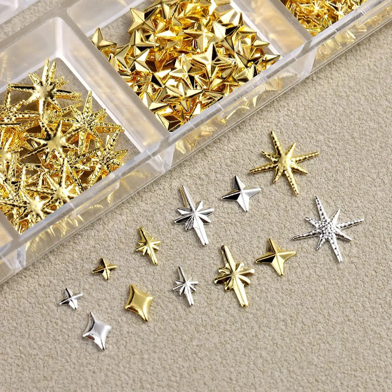 6/12Grids Gold Star Moon Metallic Rivet 3D Nail Charms Alloy Sun Moon Starlight Rhinestones Nail Studs For Nail Art Decoration 5