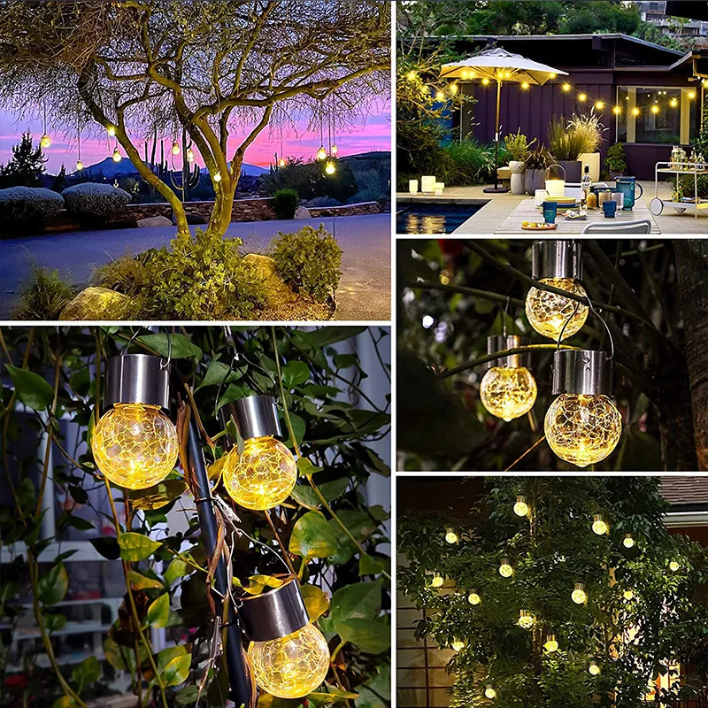 Solar light LED outdoor courtyard light crack pattern glass pendant light garden villa decoration solar power