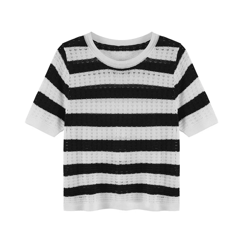 Women Black White Striped Knitted Short Sleeve Cropped Top