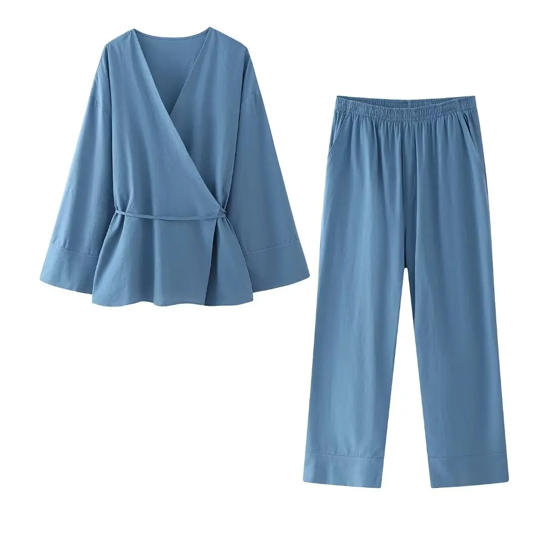 thumbnail image 1 of HH TRAF 2024 Conjunto de 2 piezas para mujer, pantalones de pierna ancha con cintura elástica y estilo kimono de moda, blusa holgada informal con cuello en V y mangas largas con cordones, 1 of 5