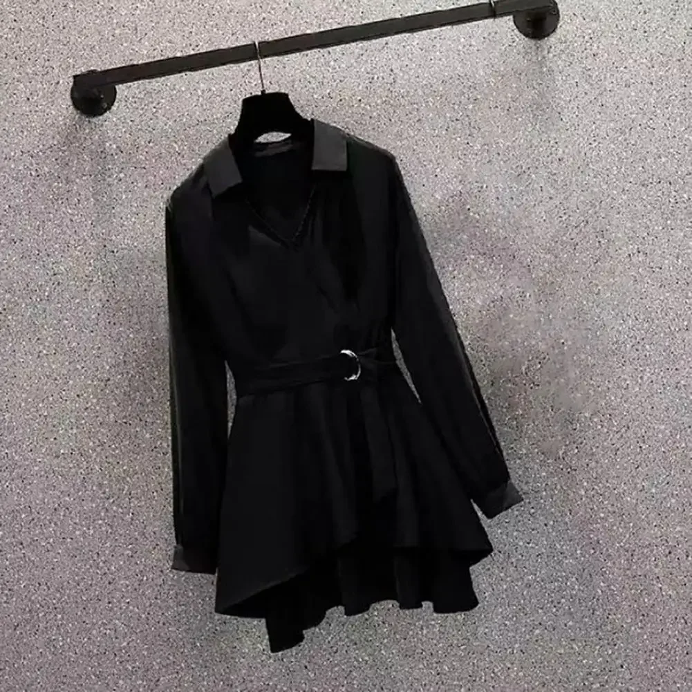 2024  Women's Shirt Lapel V Neck Long Sleeves Irregular Hem Plus Size Waist Tight Adjustable Belt Pullover Shirt Female Clothing 2023 european and american women s new round neck bubble sleeves solid elegant wrap hip tight dress high sense temperament dress