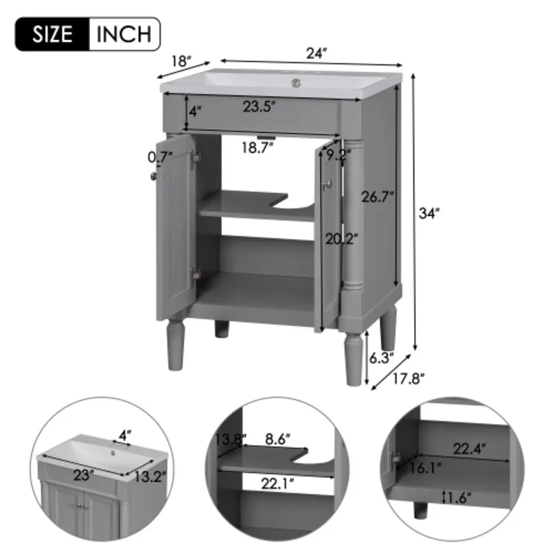24'' Vanity With Top Sink 2-tier Modern Cabinet Single Sink Bathroom Vanity Large Storage Shees (replace SW000102AAE) 6