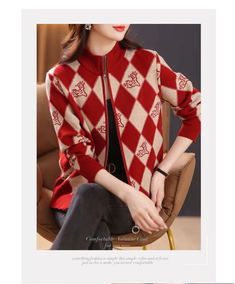 Women's Korean Vintage Plaid Sweaters Cardigan Autumn Winter Casual All-match Stand Collar Zipper Knitted Tops Female Clothing