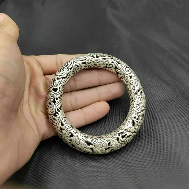 

Rare Tibet Silver Carved Dragon Men's Bracelet Bangle