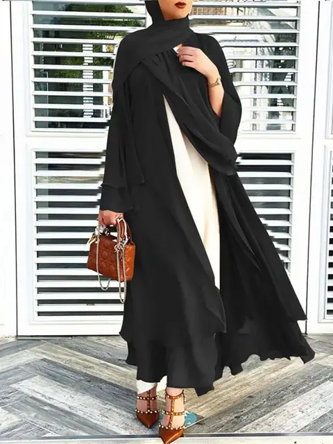 Mode mousseline de soie Abaya Kimono dubaï musulman Cardigan Abayas femmes Robe décontractée femme Islam vêtements avec ceinture