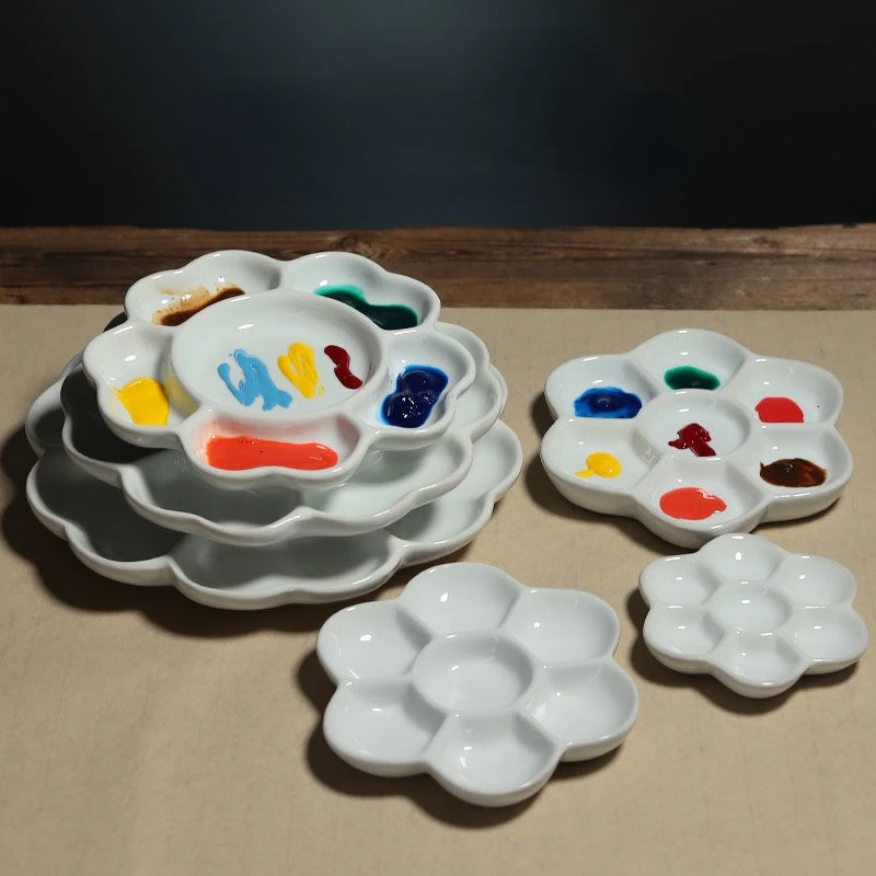 Plum Blossom 7-grid Ceramic Watercolor Palette Jingdezhen Firing Artist-grade Gouache Acrylic Paint Sub-packaging Ceramic Dish