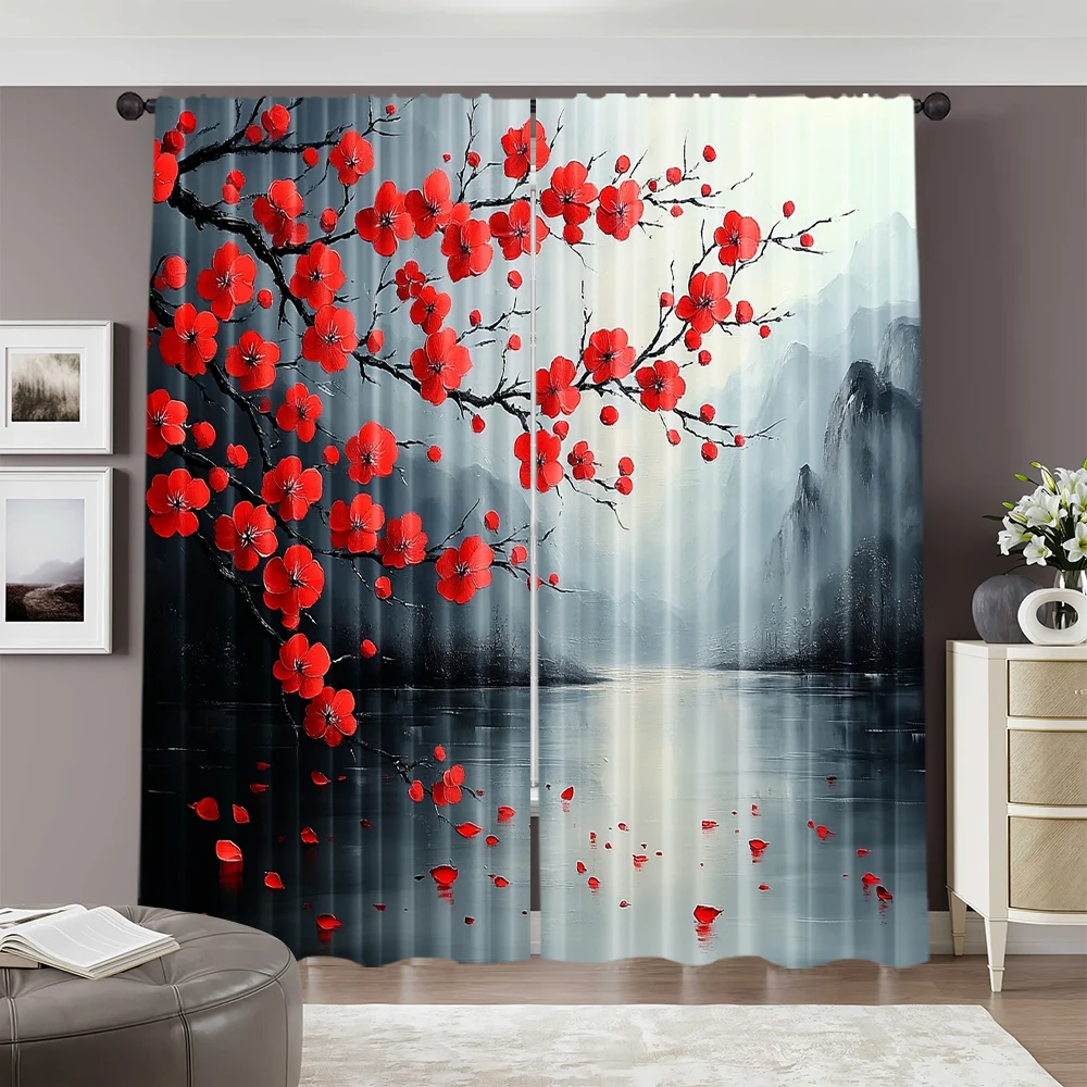 2pcs, spring summer Curtains red plum blossom Sheer Curtains Versatile Polyester Outdoor Decorations Perfect for Bedroom Office 2