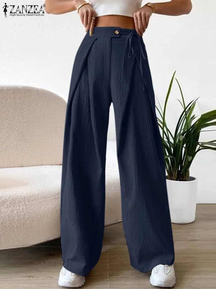 

ZANZEA 2023 Chic Lace-up Pantalones Fashion Women Long Pants Vintage Texture Fabric Trouser Casual Loose Pleats High Waist Pants