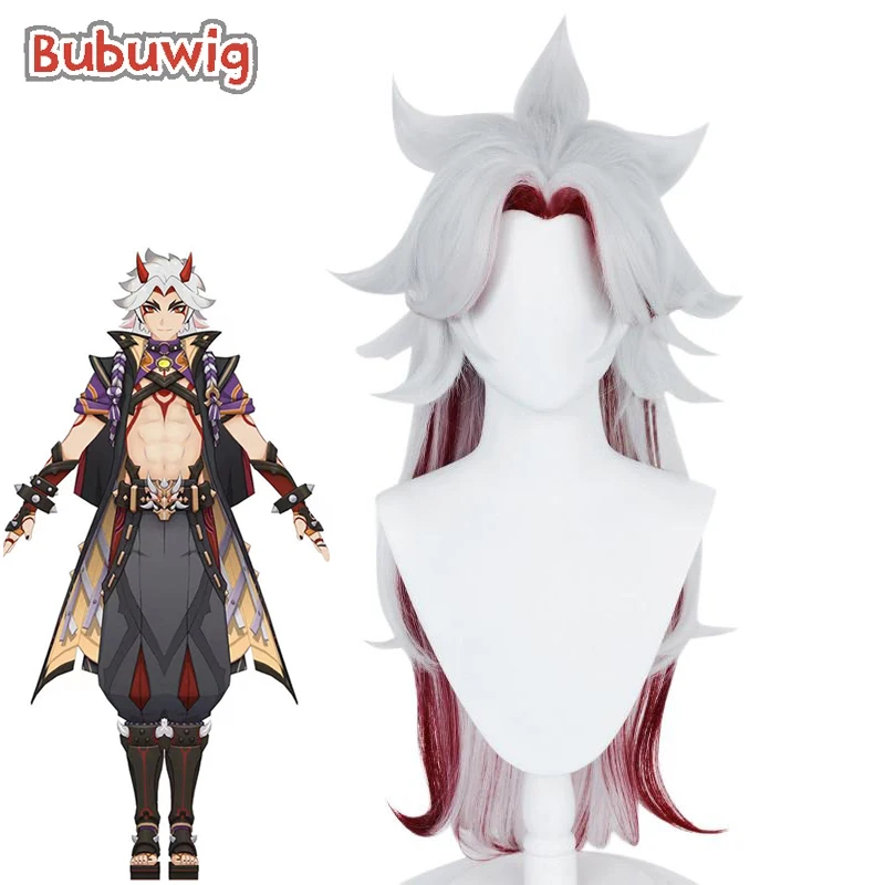 

Bubuwig Synthetic Hair Genshin Impact Arataki Itto Cosplay Wig Men 80cm Mixed Color Long Grey Mixed Red Wigs Heat Resistan