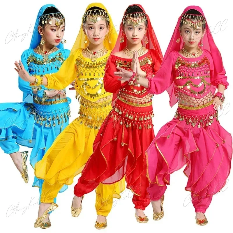 

Dance Wear Children Belly Dance Costume Set Girls Indian Flowers Outfit 5pcs (Top Belt Skirt Veil Headpiece)