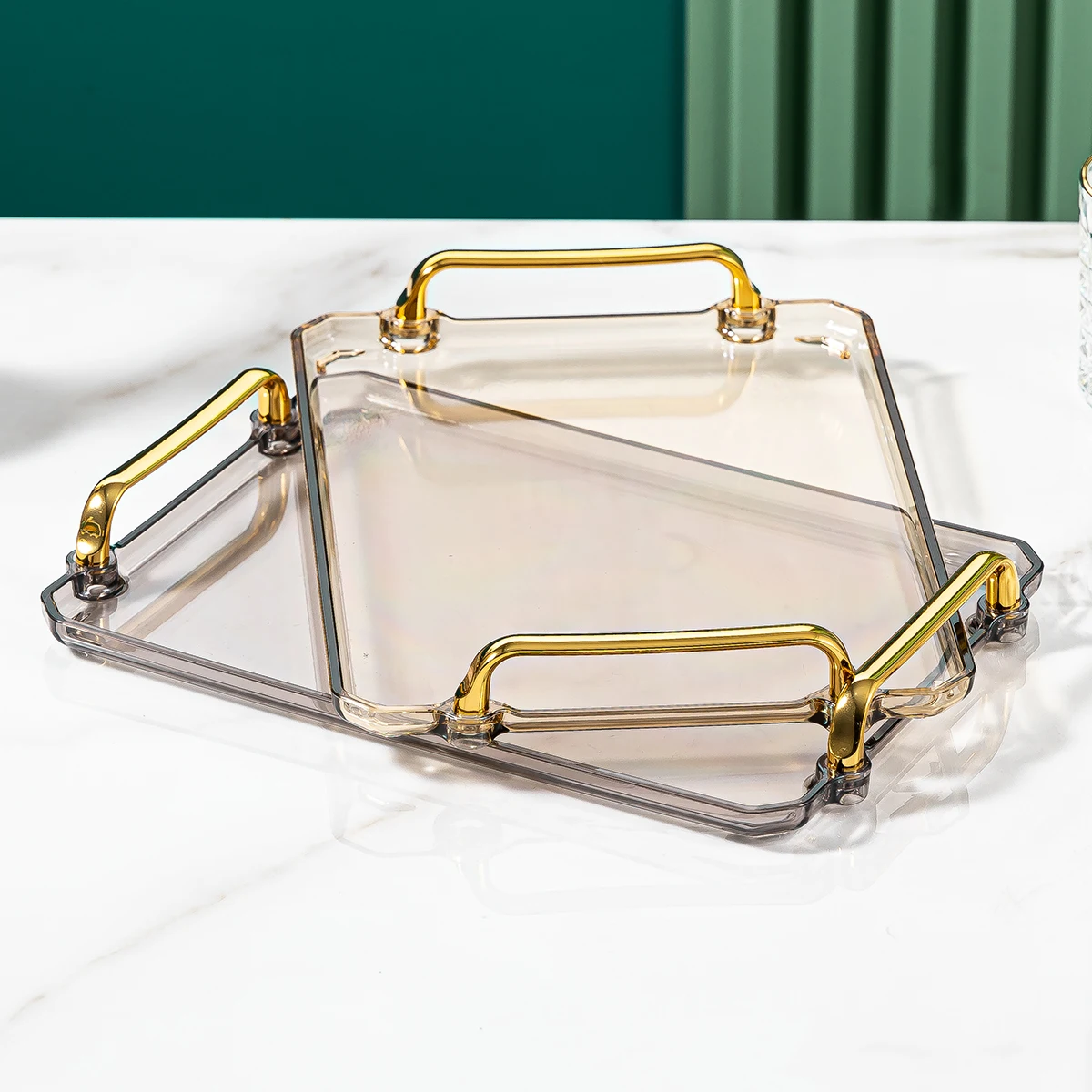 1pc Storage Tray, Household Rectangular Storage Rack, Transparent And Simple Storage Tray With Golden Handle, For Living Room, D 5