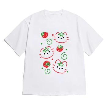 2026 New Fashion T-shirt Aesthetic Cute Cat Tomato Print Short Sleeve for Women Minimalist Kitten Crew Neck Tee Versatile