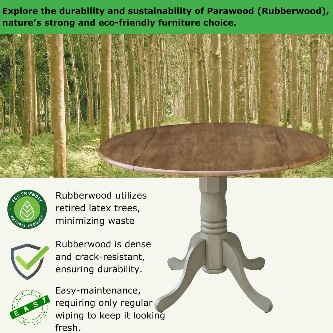 new-42" Round Dual Drop Leaf Pedestal Dining Table, Solid Real Wood, Sturdy Parawood, Distressed Hickory/Stone