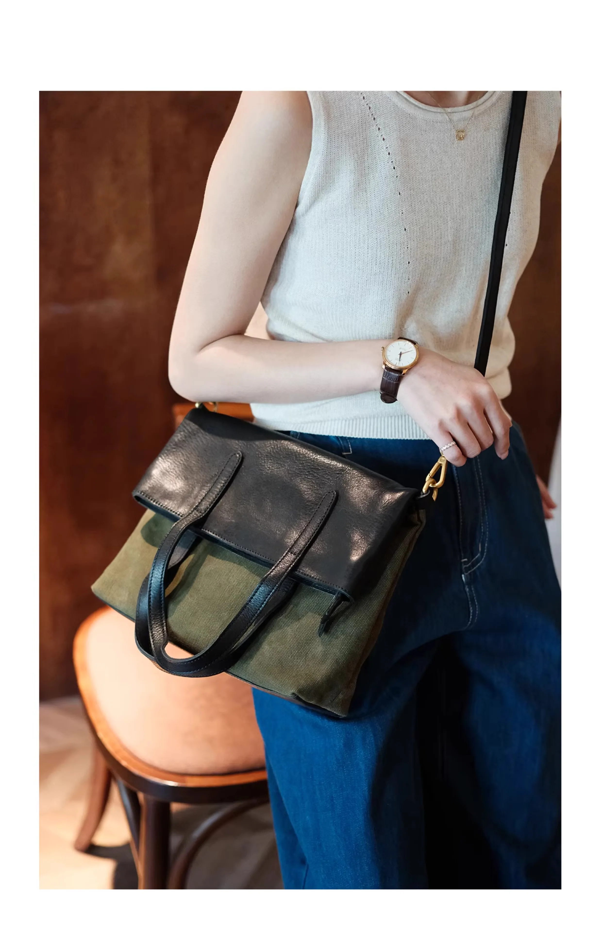 PNDME Casual Vintage Designer handgemachte Canvas Leder Damen große Kapazität Umhängetasche Outdoor Arbeit Reise Umhängetasche – Detail 5
