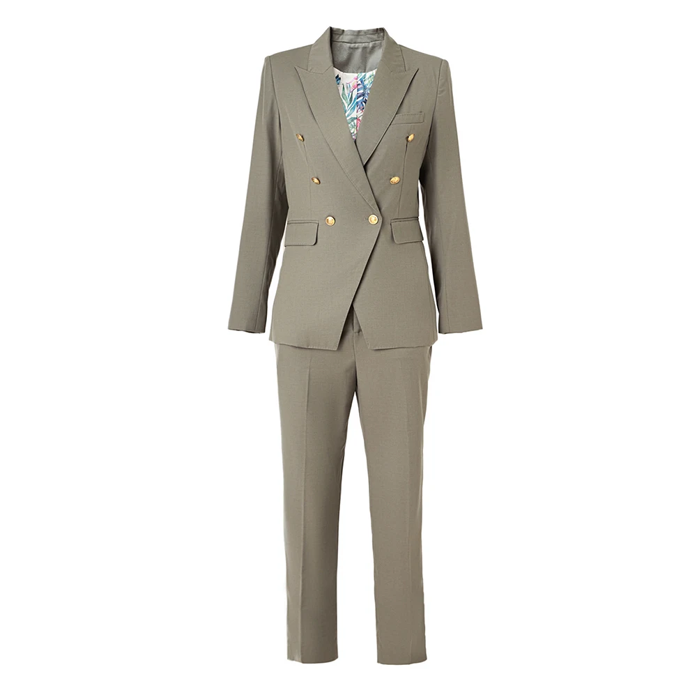 

3 Colors Options Double Breasted Blazer Pants Elegant Office Lady Suit Printed Lining Women Set