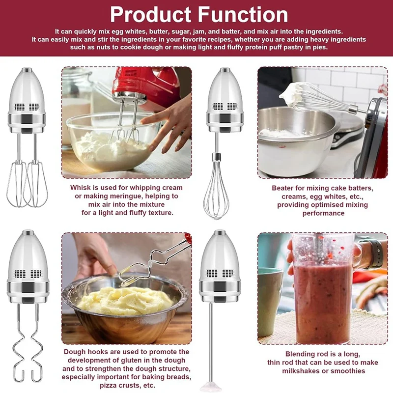 WISH Hand Mixer Attachments Beater,Whisk,Blending Rod And Dough Hooks, Stainless Steel Hand Mixer Accessories For Kitchenaid