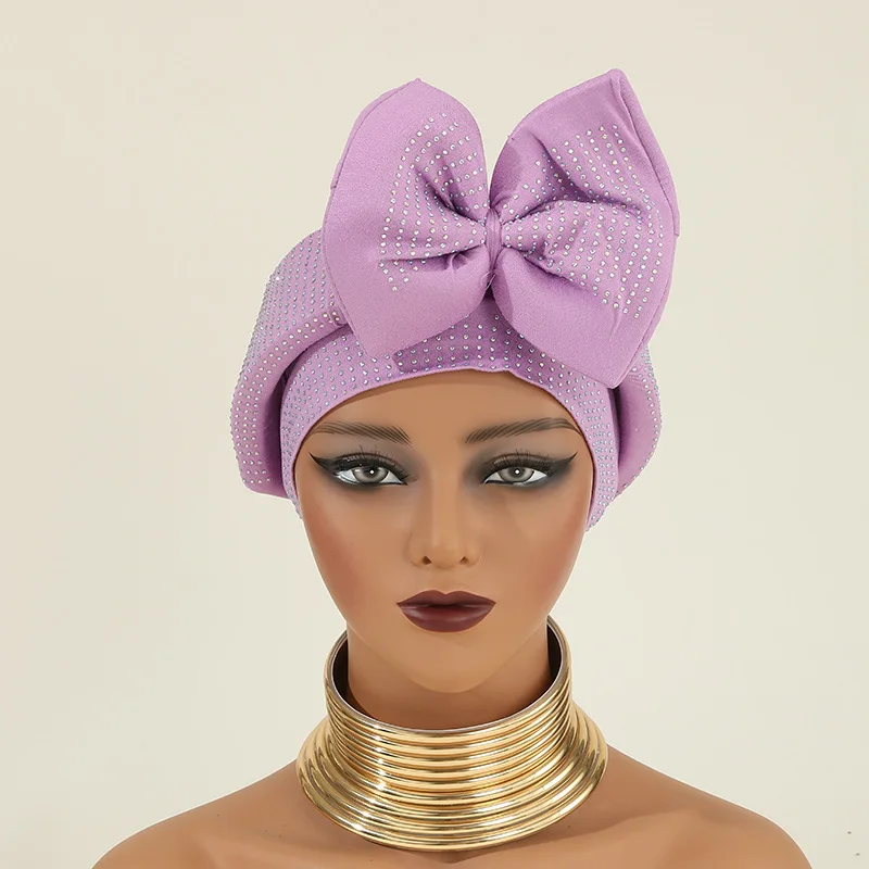 

African Cap Diamonds Bowknot Woman Turban Ready Auto Gele Headtie Aso Oke Nigeria Women Headwrap Hair Loss Bonnet Turbante Mujer