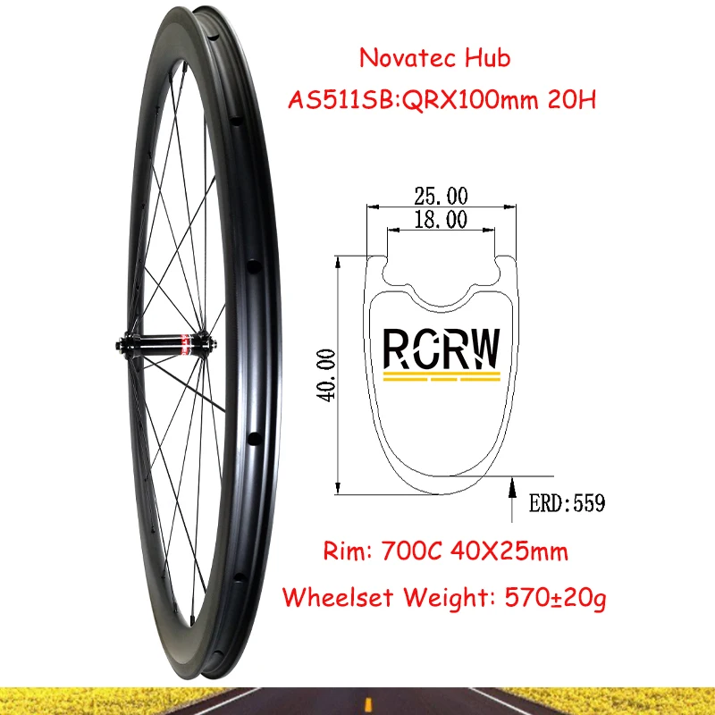 

700C Road 40X25mm Front Wheelset Carbon Rim 20Hole Tubeless Clincher 25 Wide 40 Deep Novatec AS511SB V Brake QRX100mm Hub