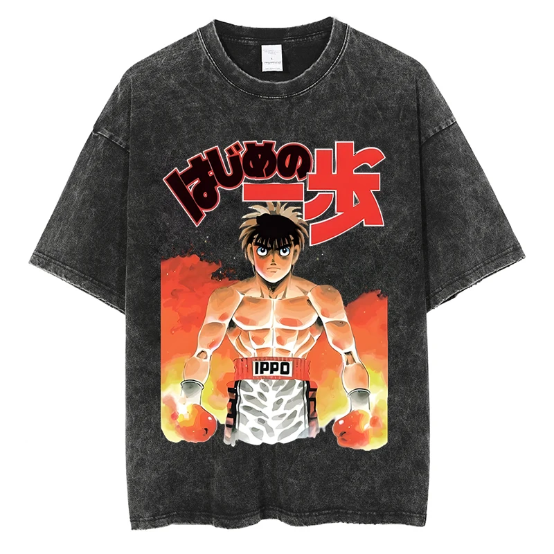 

Men Hajime No Ippo Anime Printed T Shirt Vintage Washed Tshirt Cotton Hip Hop Streetwear Unisex Short Sleeve Black Tops T Shirt