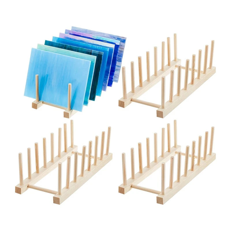 

4 Piece Glass Storage Box Bamboo Dish Rack Suitable For Colored Glass Dishes Bowls Cups Books Pot Lids Durable