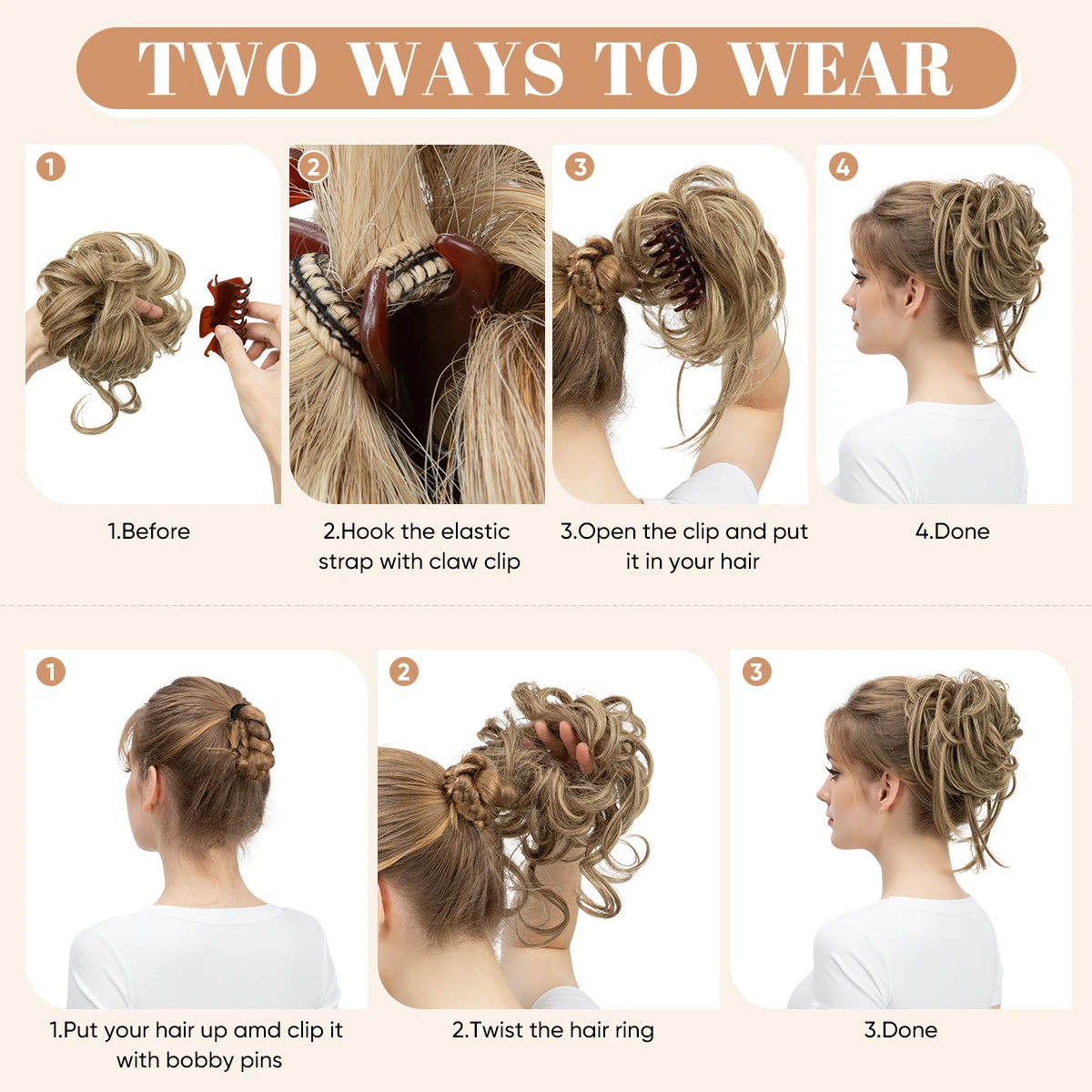 Synthetic Messy Bun Hair Piece Claw Chignon Scrunchies Fake Hair Band Braid Elastic Hairpiece Tail Wrap Ponytail Curly Faux Bun