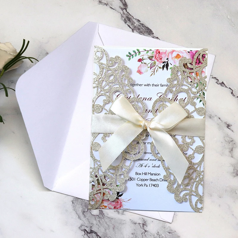 10PCS Laser Cut Blue Glitter Wedding Invitations with Ribbon – Elegant Gold Glitter Gre... - SKU LCIC0857 - UGI Packaging